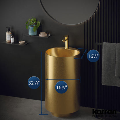 16-1/2" Pedestal Stainless Steel Bathroom Sink In Gold