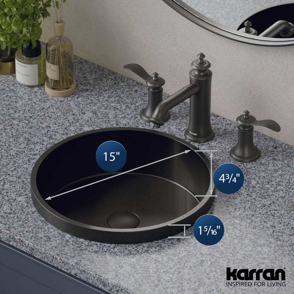 15" Top Mount Stainless Steel Bathroom Sink In Gunmetal Grey
