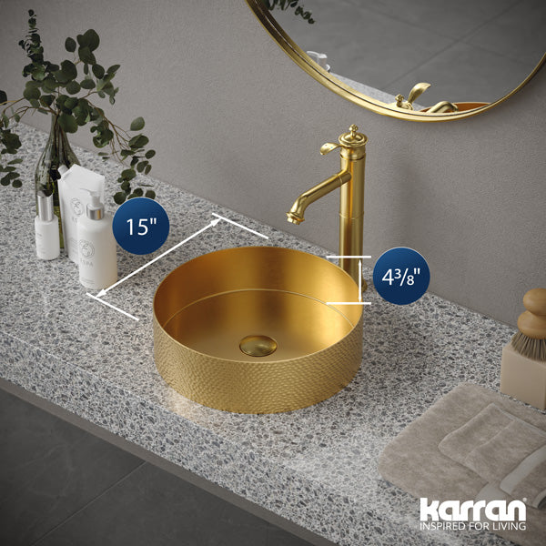 15" Vessel Stainless Steel Bathroom Sink In Gold