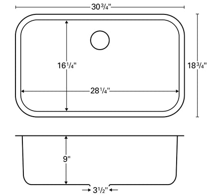 30-7/8" Seamless Undermount Large Single Bowl Stainless Steel Kitchen Sink