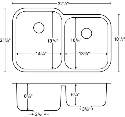 32-3/8" Seamless Undermount Double Offset Bowl Stainless Steel Kitchen Sink