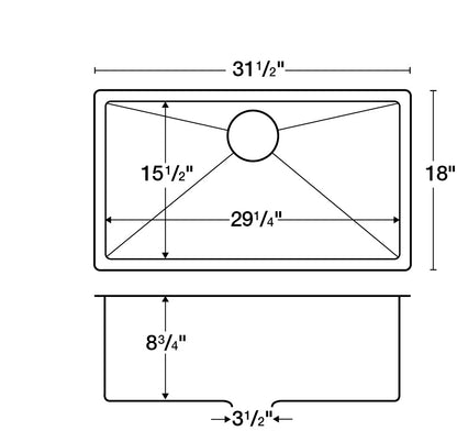 31-1/2" Seamless Undermount Large Single Bowl Stainless Steel Kitchen Sink