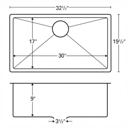 32-1/2" Seamless Undermount Large Single Bowl Stainless Steel Kitchen Sink