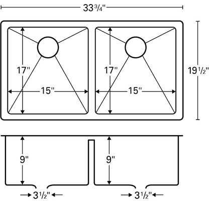33-7/8" Seamless Undermount Double Equal Bowl Stainless Steel Kitchen Sink