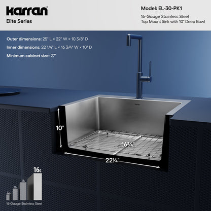25" Top Mount Single Bowl Stainless Steel Kitchen Sink Kit