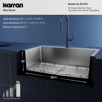 33" Top Mount Large Single Bowl Stainless Steel Kitchen Sink Kit