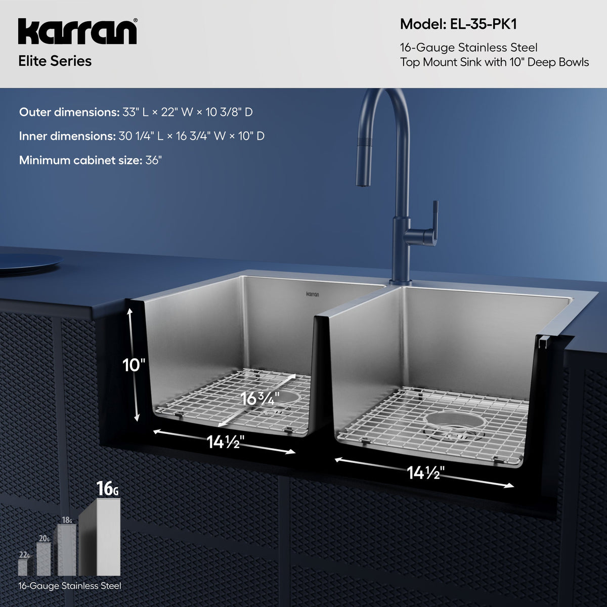 33" Top Mount Double Equal Bowl Stainless Steel Kitchen Sink Kit