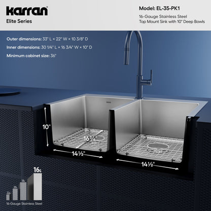 33" Top Mount Double Equal Bowl Stainless Steel Kitchen Sink Kit