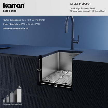 Elite 15" Undermount 16 Gauge Single Bowl Stainless Steel Kitchen Sink with Accessories