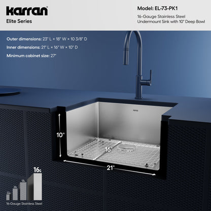 Elite 23" Undermount 16 Gauge Single Bowl Stainless Steel Kitchen Sink with Accessories