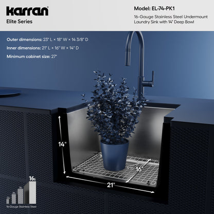 Elite 23" Undermount 16 Gauge Single Bowl Stainless Steel Kitchen Sink with Accessories