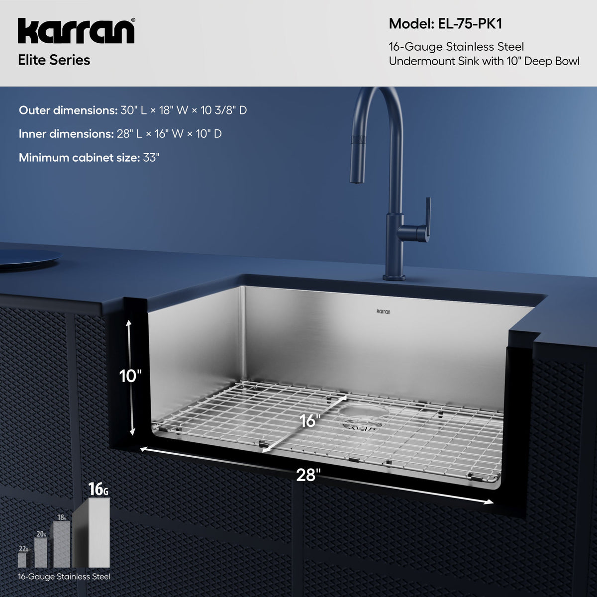 Elite 30" Undermount 16 Gauge Single Bowl Stainless Steel Kitchen Sink with Accessories