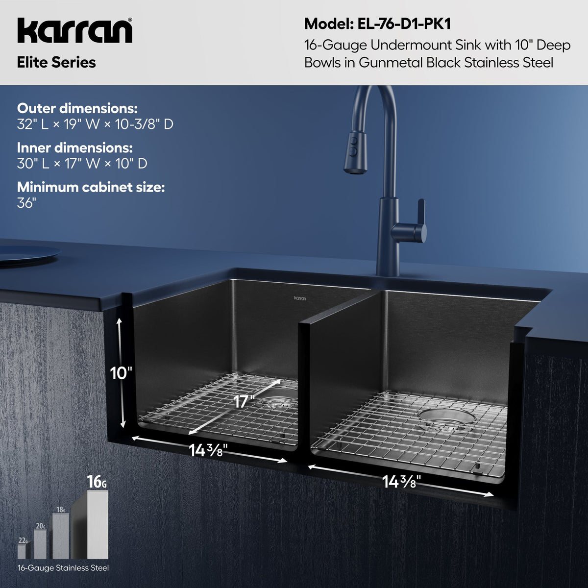 Elite 32" Undermount 16 Gauge Stainless Steel Double Bowl Kitchen Sink In Gunmetal Black