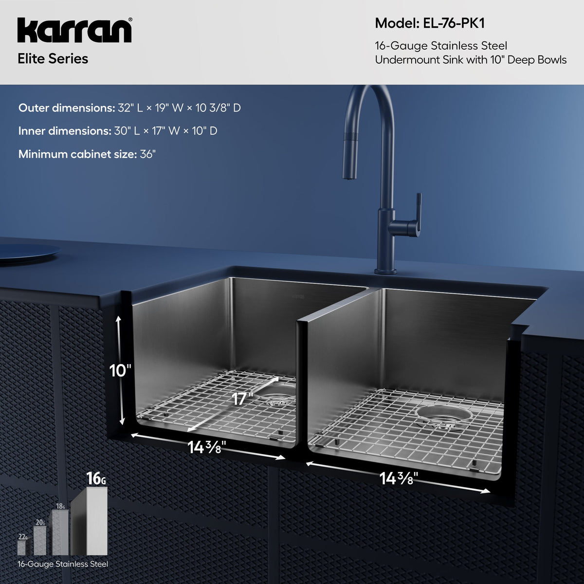 Elite 32" Undermount 16 Gauge Double Bowl Stainless Steel Kitchen Sink with Accessories