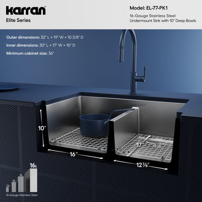 Elite 32" Undermount 16 Gauge Double Bowl Stainless Steel Kitchen Sink with Accessories