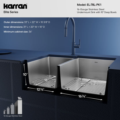 Elite 33" Undermount 16 Gauge Double Bowl Stainless Steel Kitchen Sink with Accessories