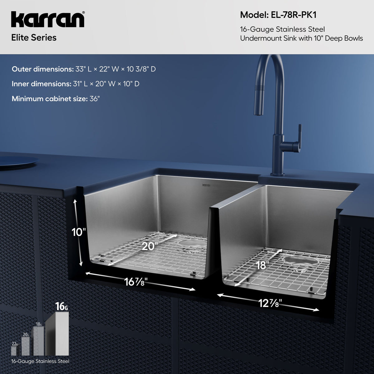 Elite 33" Undermount 16 Gauge Double Bowl Stainless Steel Kitchen Sink with Accessories