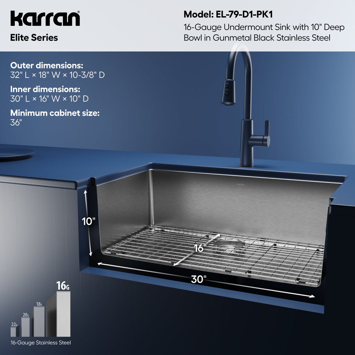 Elite 32" Undermount 16 Gauge Single Bowl Stainless Steel Kitchen Sink In Gunmetal Black