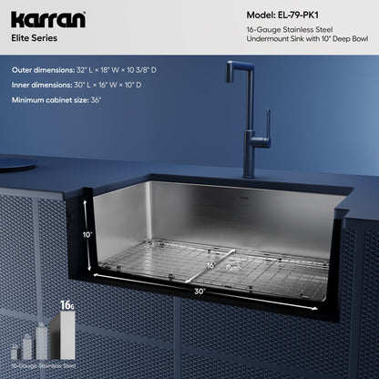 Elite 32" Undermount 16 Gauge Single Bowl Stainless Steel Sink with Accessories