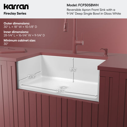Fireclay 30" Reversible Apron Front Single Bowl Kitchen Sink In White