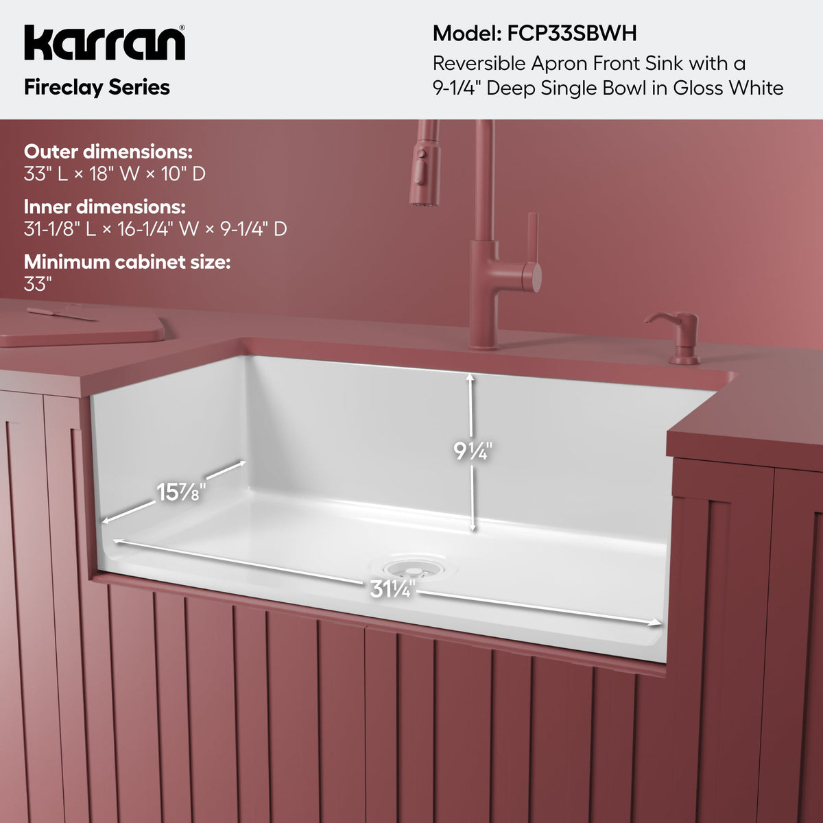 Fireclay 33" Reversible Apron Front Single Bowl Kitchen Sink In White
