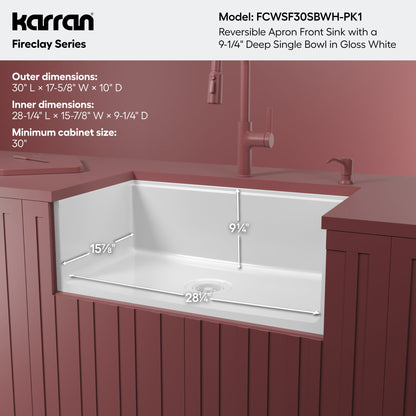 Fireclay 30" Reversible Apron Front Single Bowl Workstation Kitchen Sink In White