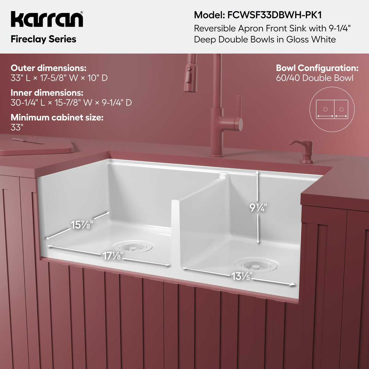 Fireclay 33" Reversible Apron Front Double Bowl Workstation Kitchen Sink In White