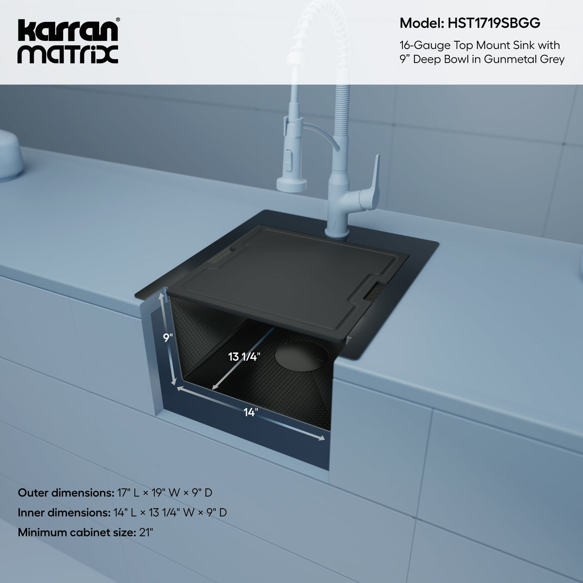 Matrix 17" Top Mount Workstation 16 Gauge Single Bowl Stainless Steel Sink In Gunmetal Grey with Accessories