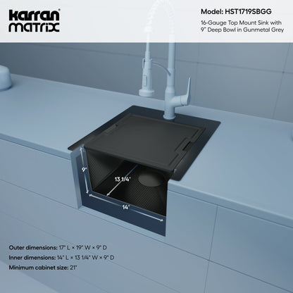 Matrix 17" Top Mount Workstation 16 Gauge Single Bowl Stainless Steel Sink In Gunmetal Grey with Accessories
