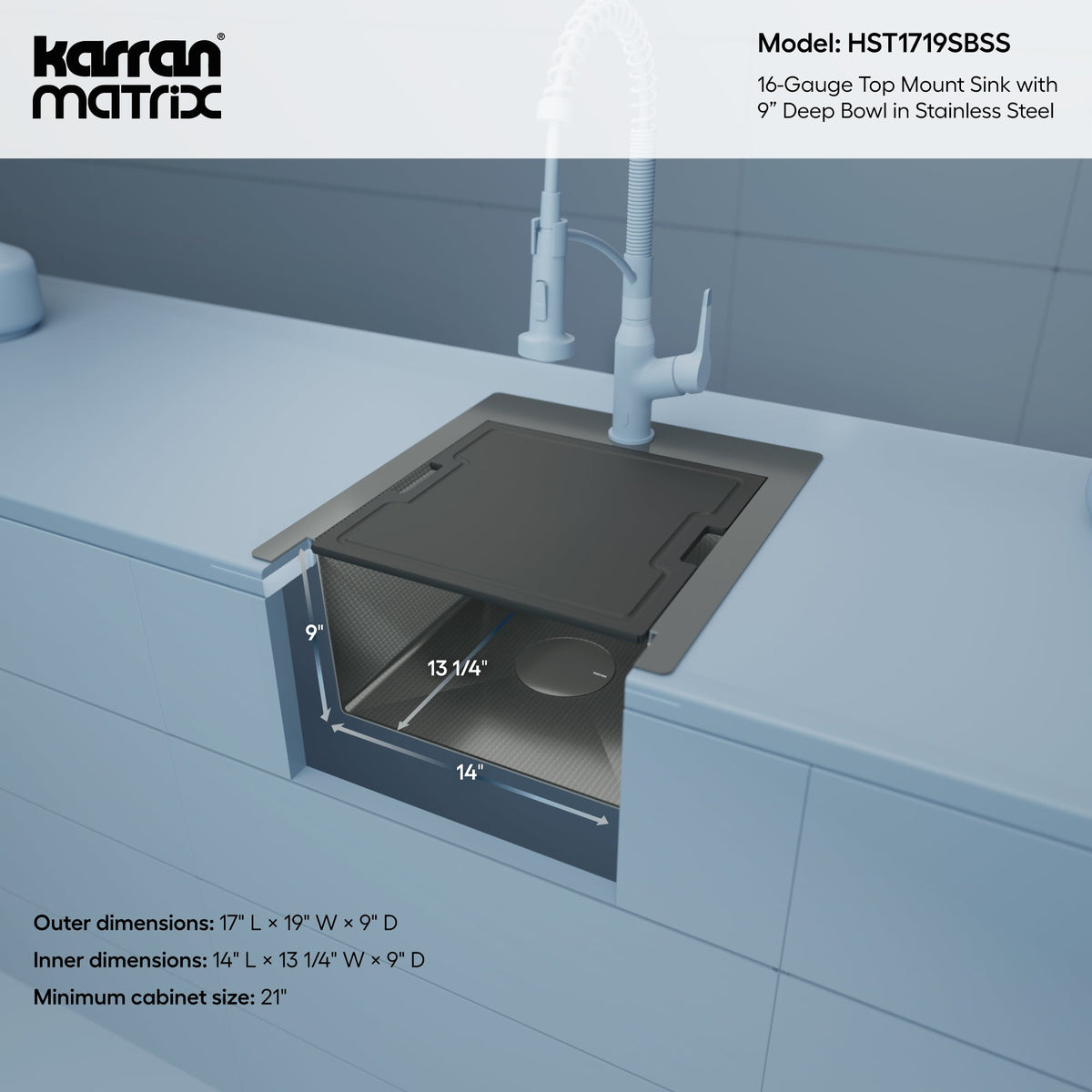Matrix 17" Top Mount Workstation 16 Gauge Single Bowl Stainless Steel Sink with Accessories