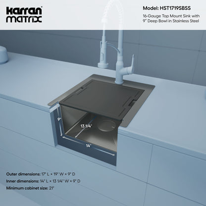 Matrix 17" Top Mount Workstation 16 Gauge Single Bowl Stainless Steel Sink with Accessories