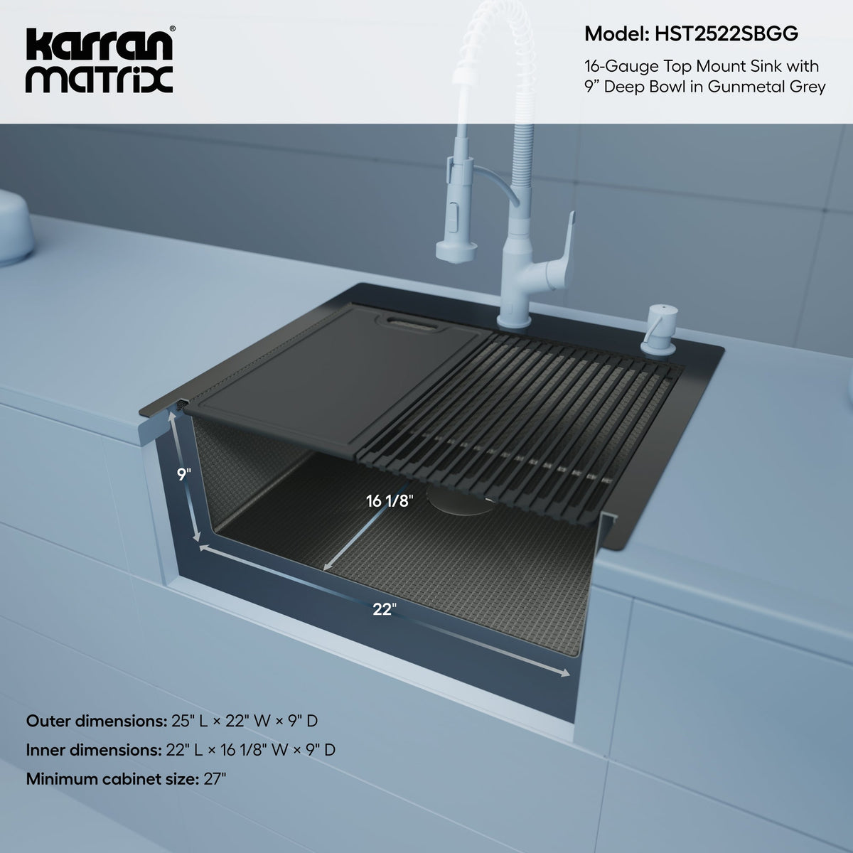 Matrix 25" Top Mount Workstation 16 Gauge Single Bowl Stainless Steel Kitchen Sink In Gunmetal Grey with Accessories