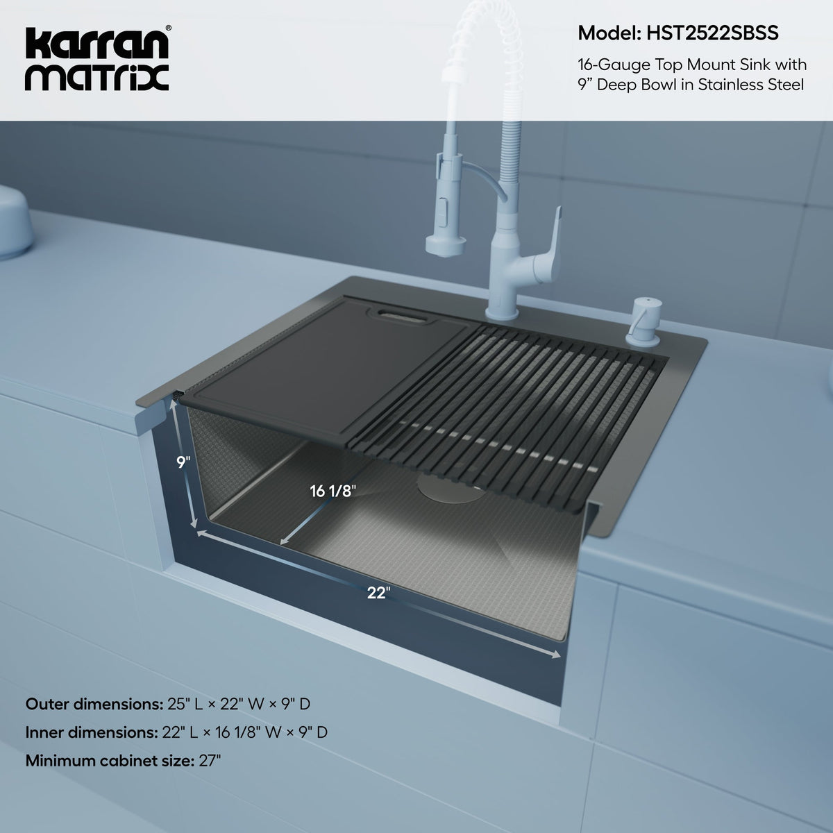 Matrix 25" Top Mount Workstation 16 Gauge Single Bowl Stainless Steel Kitchen Sink with Accessories
