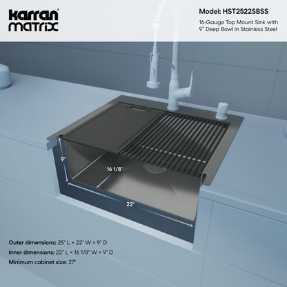 Matrix 25" Top Mount Workstation 16 Gauge Single Bowl Stainless Steel Kitchen Sink with Accessories