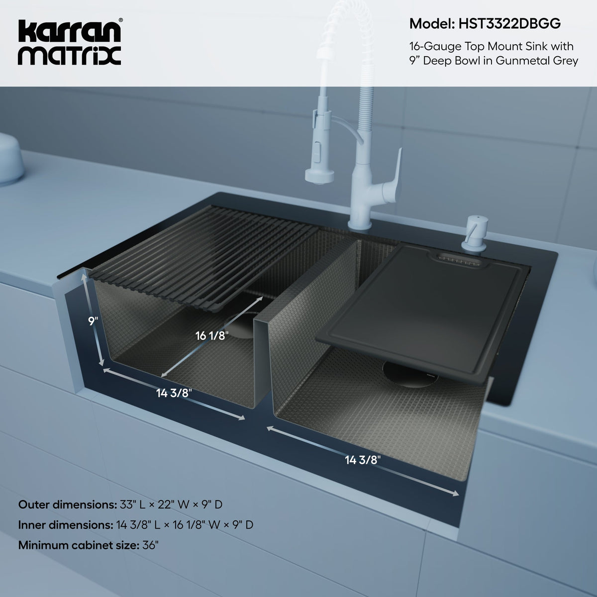 Matrix 33" Top Mount Workstation 16 Gauge Double Bowl Stainless Steel Kitchen Sink In Gunmetal Grey with Accessories