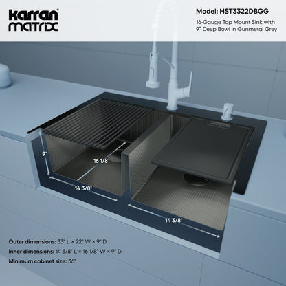 Matrix 33" Top Mount Workstation 16 Gauge Double Bowl Stainless Steel Kitchen Sink In Gunmetal Grey with Accessories
