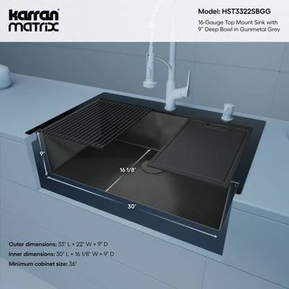 Matrix 33" Top Mount Workstation 16 Gauge Single Bowl Stainless Steel Kitchen Sink In Gunmetal Grey with Accessories