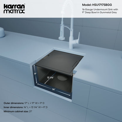 Matrix 17" Undermount Workstation 16 Gauge Single Bowl Stainless Steel Sink In Gunmetal Grey with Accessories