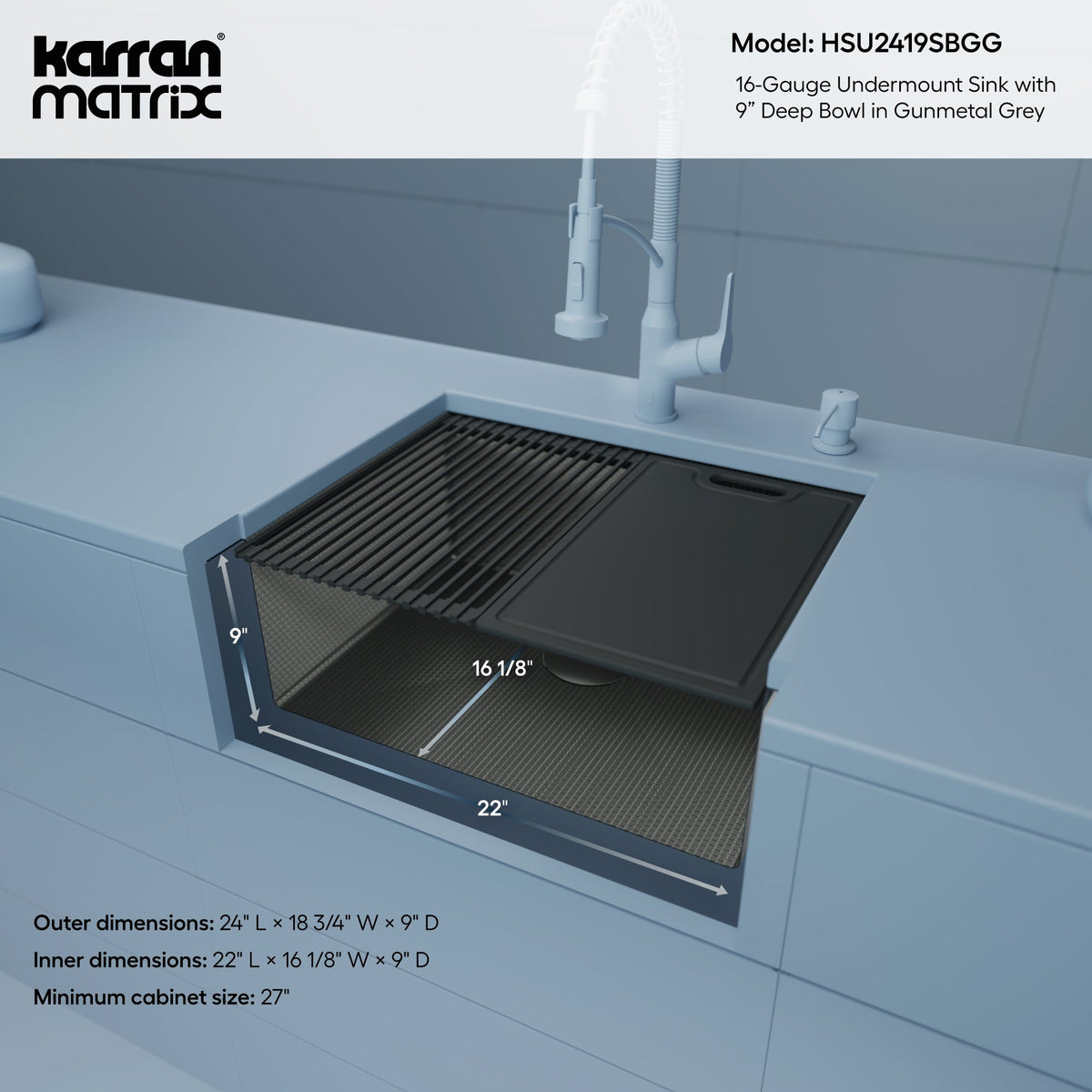 Matrix 24" Undermount Workstation 16 Gauge Single Bowl Stainless Steel Kitchen Sink In Gunmetal Grey with Accessories