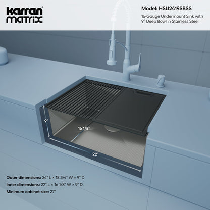 Matrix 24" Undermount Workstation 16 Gauge Single Bowl Stainless Steel Kitchen Sink with Accessories