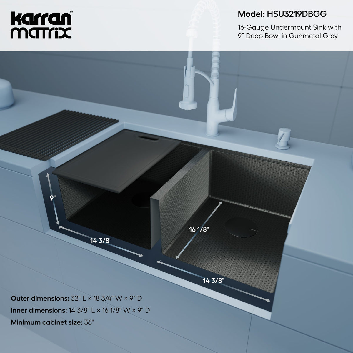 Matrix 32" Undermount Workstation 16 Gauge Double Bowl Stainless Steel Kitchen Sink In Gunmetal Grey with Accessories