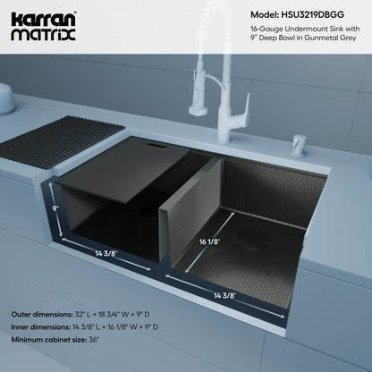 Matrix 32" Undermount Workstation 16 Gauge Double Bowl Stainless Steel Kitchen Sink In Gunmetal Grey with Accessories