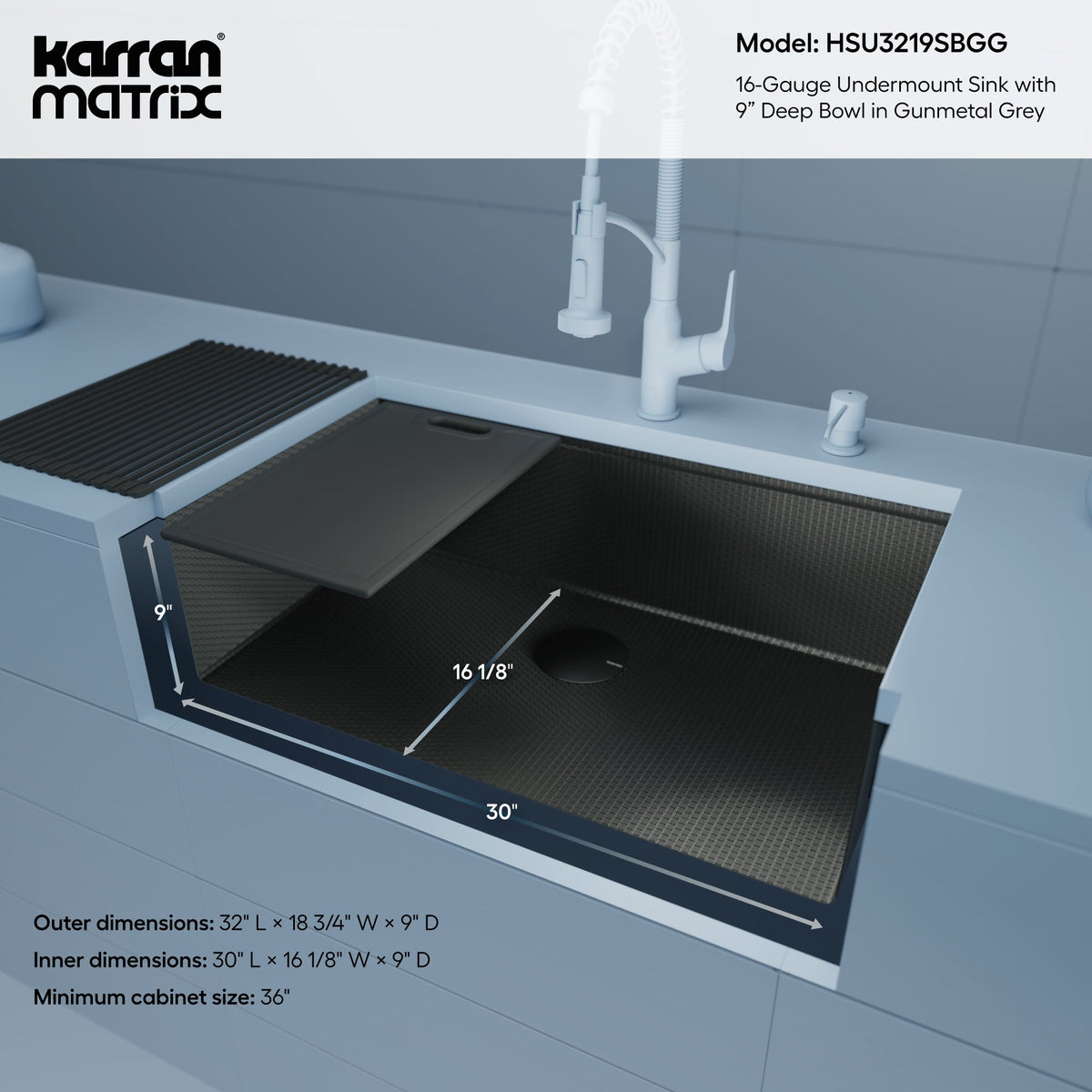 Matrix 32" Undermount Workstation 16 Gauge Single Bowl Stainless Steel Kitchen Sink In Gunmetal Grey with Accessories