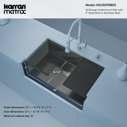 Matrix 32" Undermount Workstation 16 Gauge Single Bowl Stainless Steel Kitchen Sink with Accessories