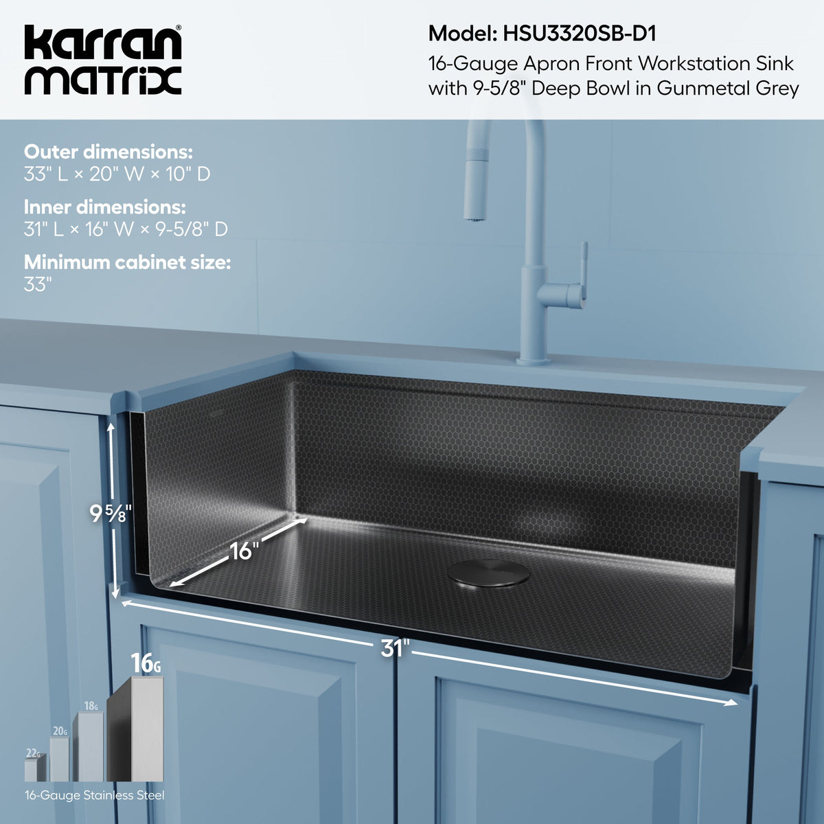 Matrix 33" Farmhouse Workstation 16 Gauge Single Bowl Gunmetal Grey Kitchen Sink with Accessories