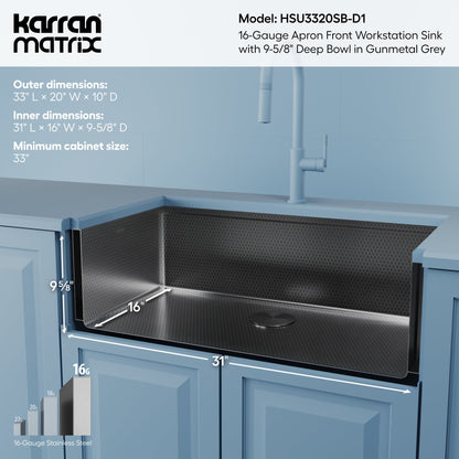 Matrix 33" Farmhouse Workstation 16 Gauge Single Bowl Gunmetal Grey Kitchen Sink with Accessories
