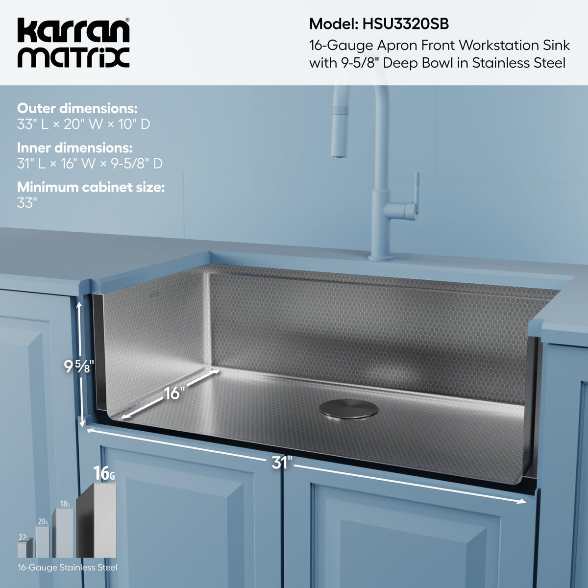 Matrix 33" Farmhouse Workstation 16 Gauge Single Bowl Stainless Steel Kitchen Sink with Accessories