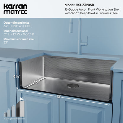 Matrix 33" Farmhouse Workstation 16 Gauge Single Bowl Stainless Steel Kitchen Sink with Accessories