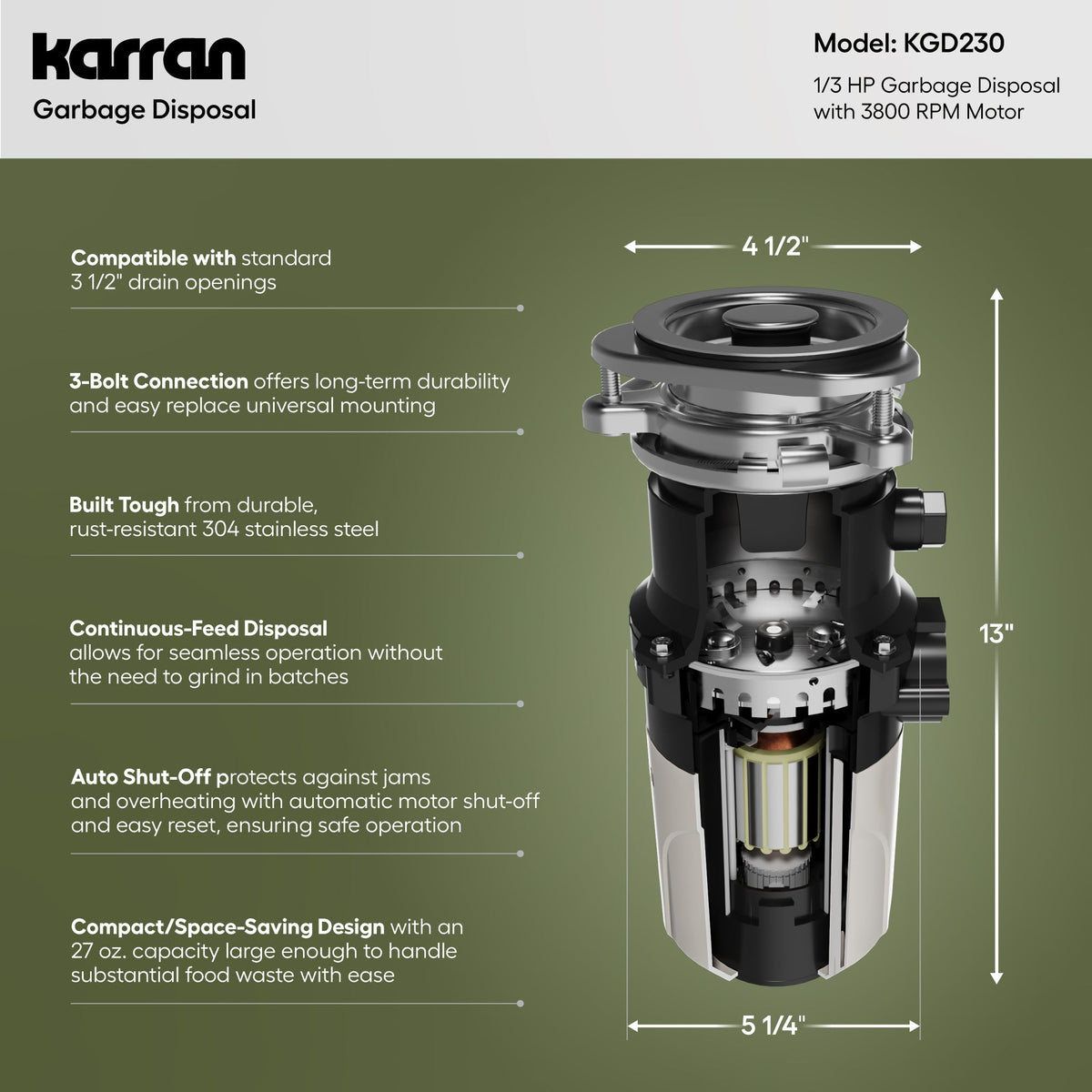 1/3 HP Continuous Feed Garbage Disposal for Kitchen Sinks with Power Cord and Accessories Included