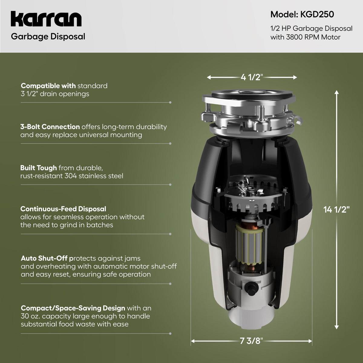 1/2 HP Continuous Feed Garbage Disposal for Kitchen Sinks with Power Cord and Accessories Included